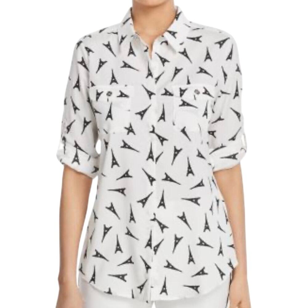 Karl Lagerfeld Paris Eiffel Tower Print Blouse Roll-Tab Sleeves Size Large